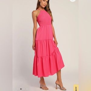 Pier and Now Hot Pink Smocked Tie Back Midi Dress